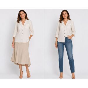 Bebe Medium Cream V Neck Gold Snap Closure 3/4 Sleeve Roll Tab Semi Sheer Top